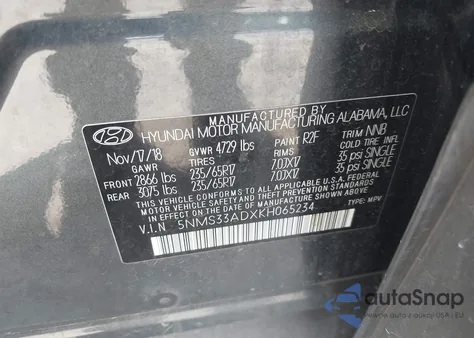 2019 Hyundai Santa Fe Sel из США, поврежденный, VIN 5NMS33ADXKH065234